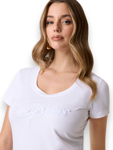 Guess Ss Cn Guess Script Tee - T-Shirt Donna - Bianco