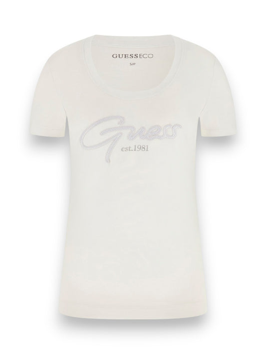 Guess Ss Cn Guess Script Tee - T-Shirt Donna - Bianco