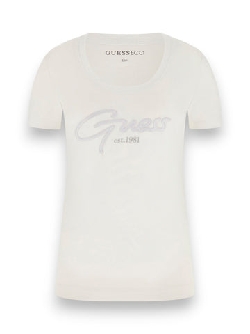 Guess Ss Cn Guess Script Tee - T-Shirt Donna - Bianco