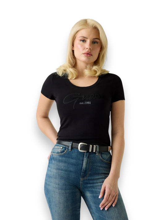 Guess Ss Cn Guess Script Tee - T-Shirt Donna - Nero
