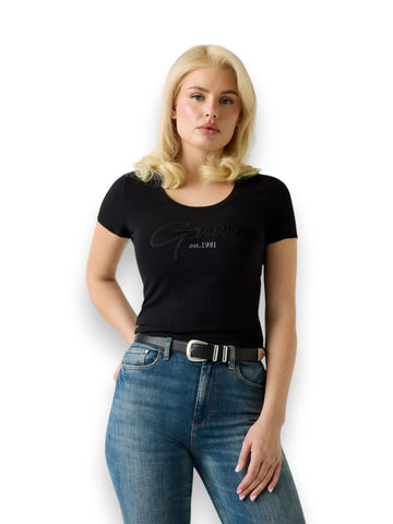 Guess Ss Cn Guess Script Tee - T-Shirt Donna - Nero