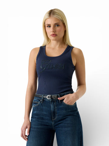 Guess Logo Script Tank Top - T-Shirt Donna - Blu