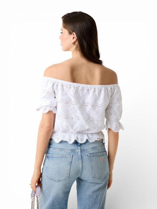 Guess Ss Shoulder Off Eyelets Embroi - Camicie Donna - Bianco