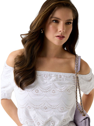Guess Ss Shoulder Off Eyelets Embroi - Camicie Donna - Bianco