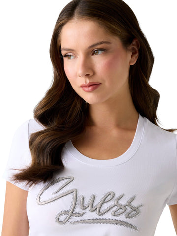 Guess Ss Cn Guess Script Tee - T-Shirt Donna - Bianco
