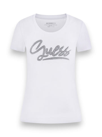 Guess Ss Cn Guess Script Tee - T-Shirt Donna - Bianco