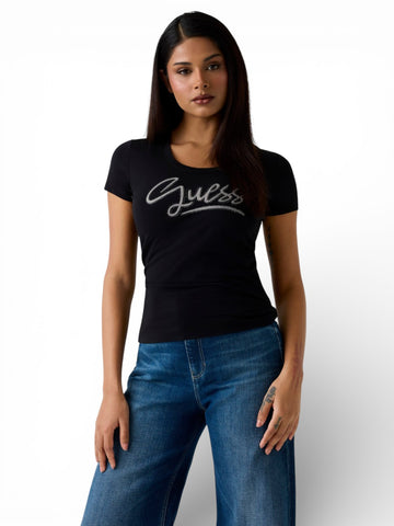 Guess Ss Cn Guess Script Tee - T-Shirt Donna - Nero