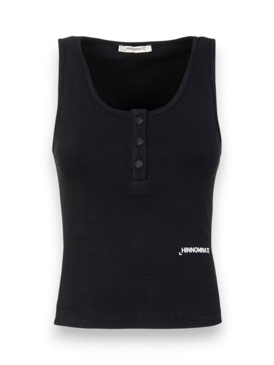 Hinnominate Crop Top A Canotta In Costina Con Bottoni Sul Davanti - T-Shirt Donna - Nero