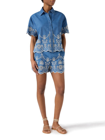 Saint Barth Amani Linen Sand Leopard 19 Fringe - Shorts Donna - Blu