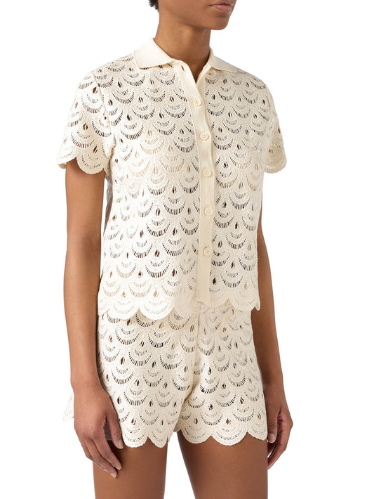 Saint Barth Monet Crochet Shell Paillettes - T-Shirt Donna - Beige
