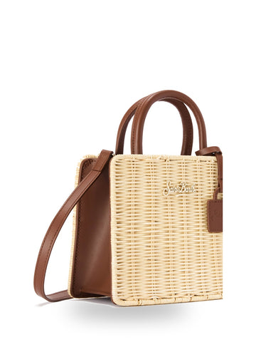 Saint Barth Shop Bag Mini Straw Leather - Borse Donna - Beige/Marrone