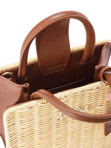 Saint Barth Shop Bag Mini Straw Leather - Borse Donna - Beige/Marrone